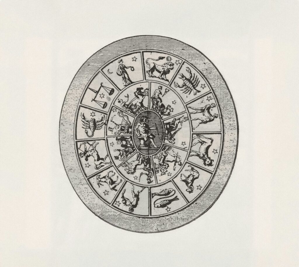 Gravura antiga de uma roda do zodíaco com os signos